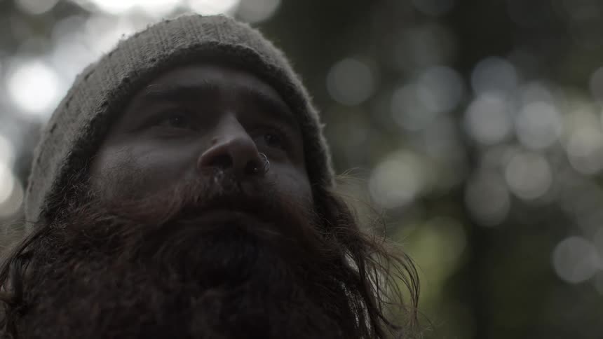 A man with a beard stands in a forest
