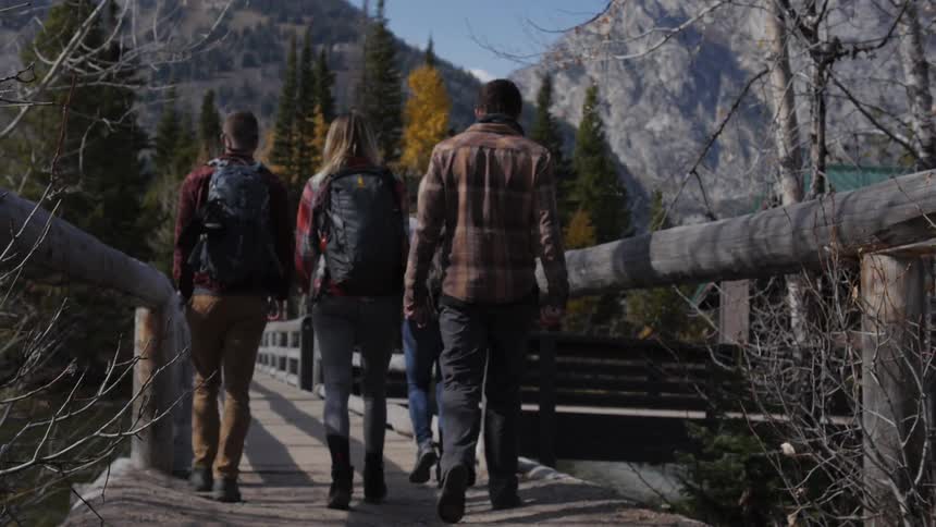 People hiking across a wooden bridge during the day