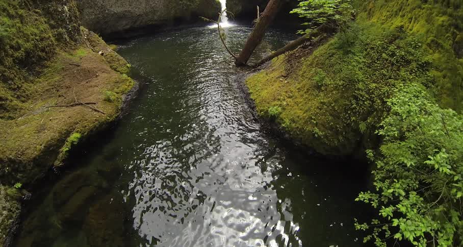 Overhead shot of a river and waterfall