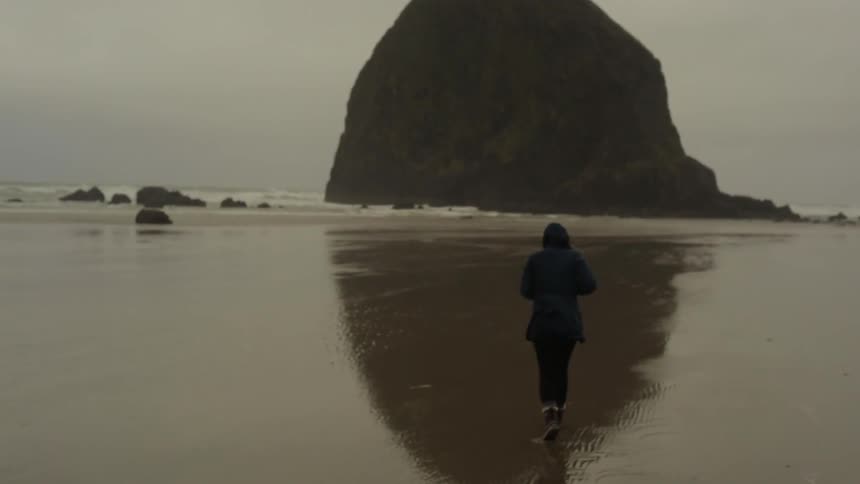 Person walking down a beach towards a large hill