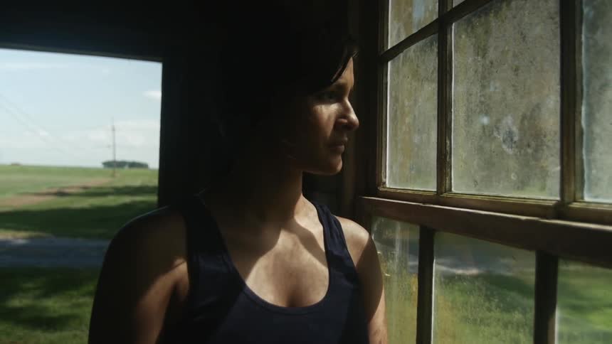 A woman stares out a window on a sunny day with green fields in the background