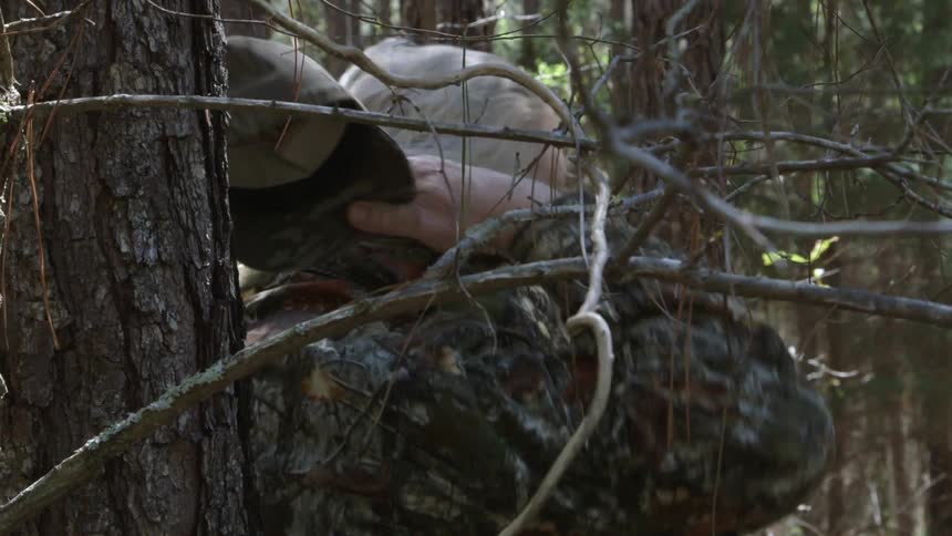 A gray bearded man prepares stands in the forest preparing his hunting clothes