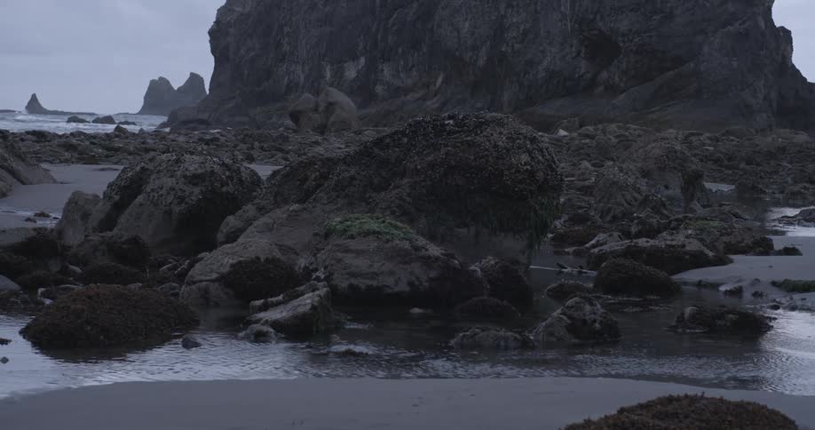 Waves crash on a rocky beach