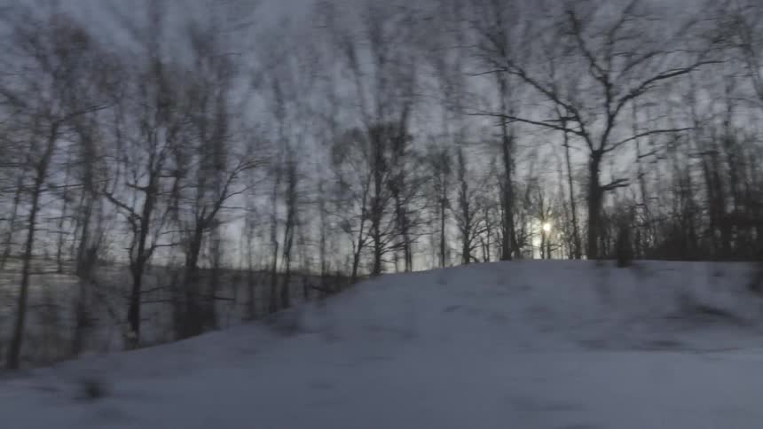 Car driving down snowy road with the sun peeking through trees