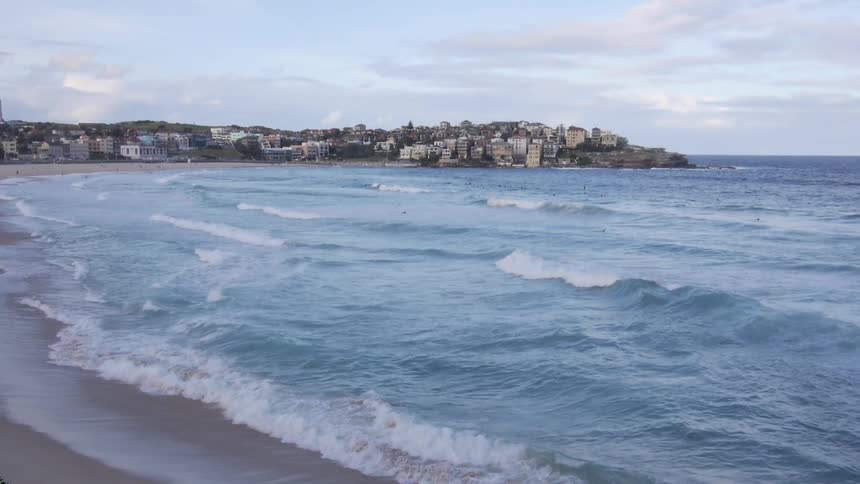 Waves crash along a beach