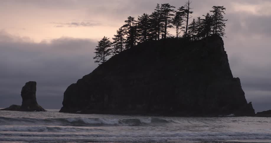 A large rock formation with trees