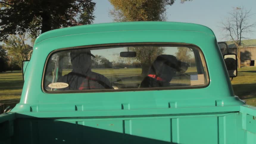 Man and dog taking a drive in a truck
