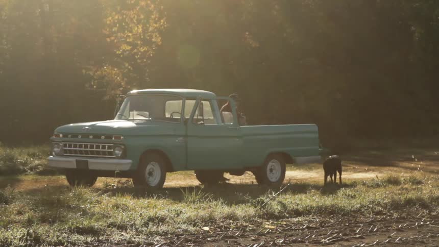Person sitting in the back of a truck parked in a grassy area