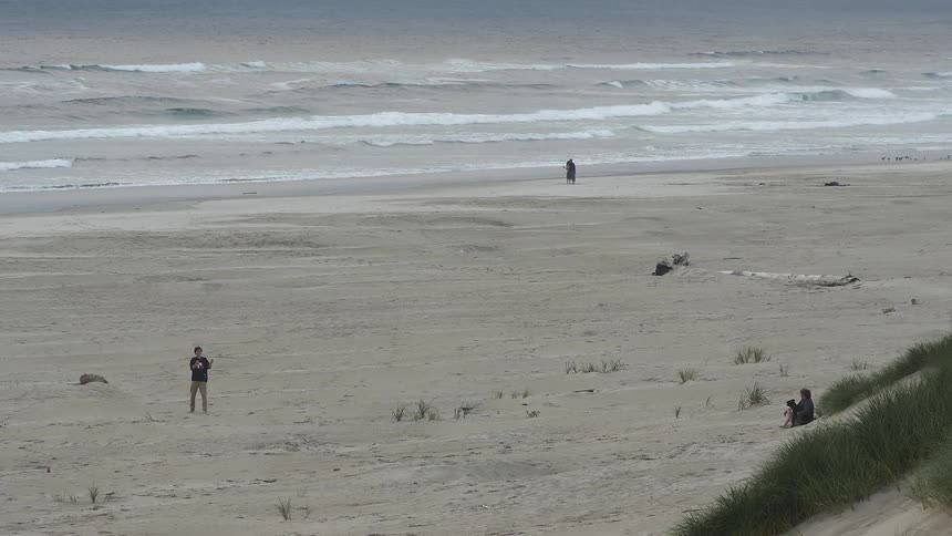 A boy flies a kite on a windy beach