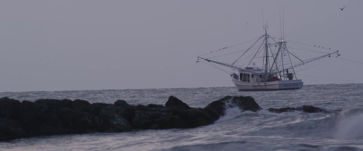 Fishing boat floating offshore