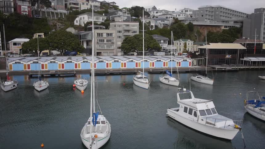 Boats anchored in a harbor in front of a busy road and buildings