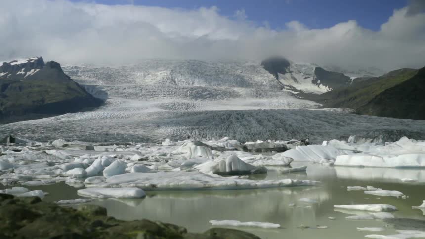 Panning view of snowy mountains and glaciers