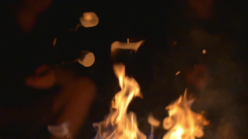 Marshmellows are being roasted over an open fire