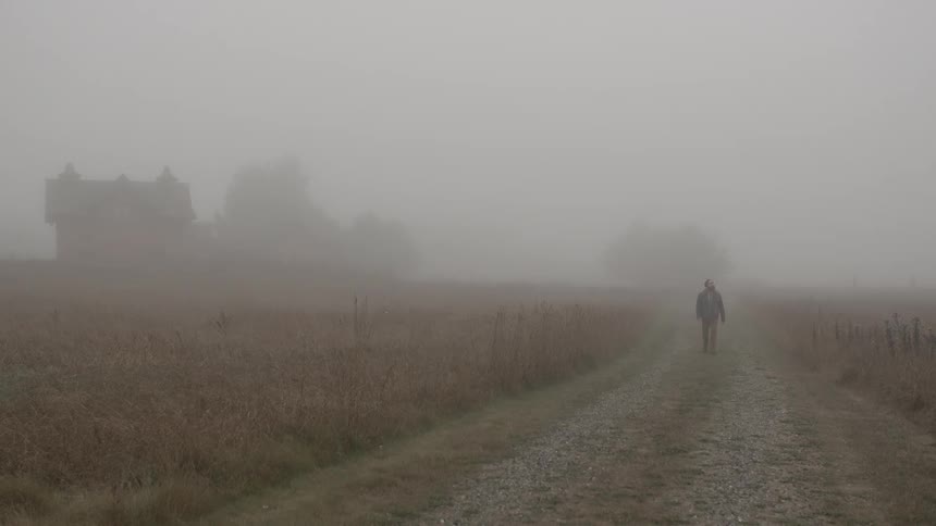 A man walks down a foggy, country road