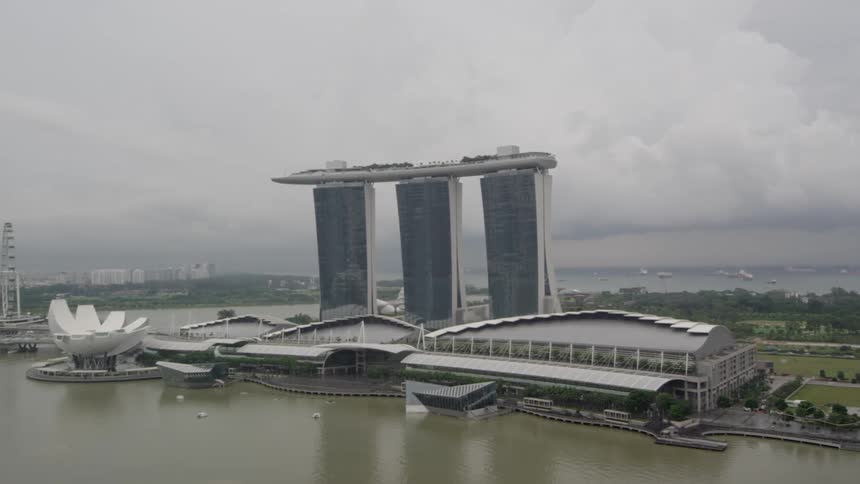 An aerial view of marina bay sand at cloudy days