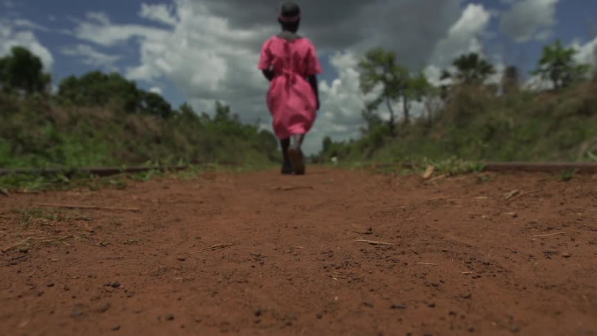 A young girl in a pink dress walking down a dirt path under cloudy skies
