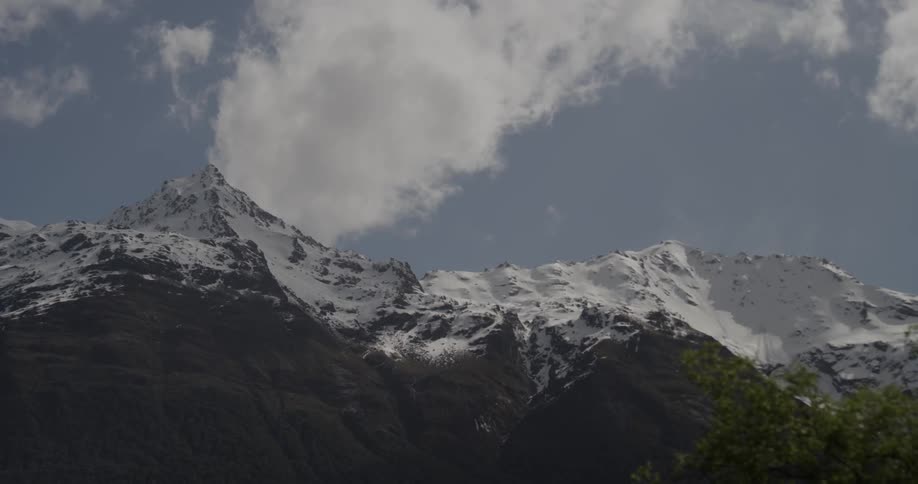 Clouds hovering over snow-capped mountains while a breeze blows through a tree in the foreground