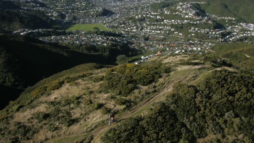 Aerial view of a distant coastal town