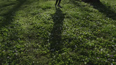 A person walking on grass