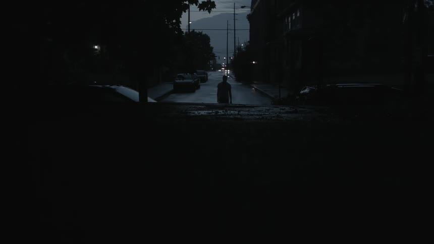 A person walks down a dark street at dusk