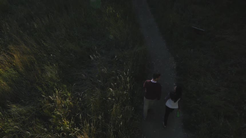 A  couple walks through a park