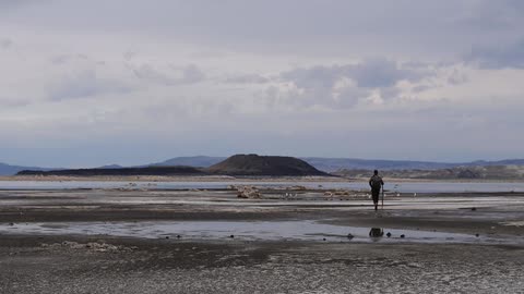 A man walks with a stick over a wet area of land