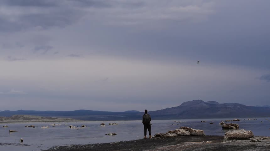A man looks out at a lake