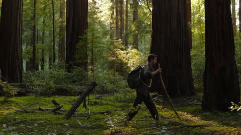 A young man hikes through a woodland area carrying a backpack and walking stick