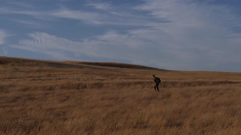 A man is walking in a grassy field
