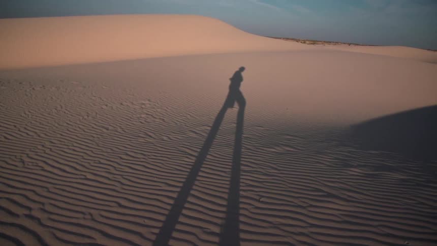 A person's long shadow is shown as they walk through the desert