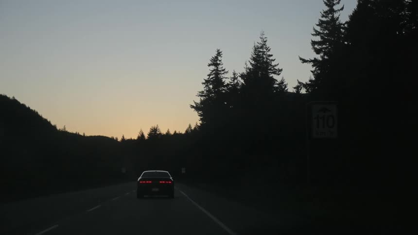 A car drives down a tree lined road at dusk
