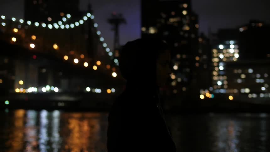 Person walking along a river in a large city at night
