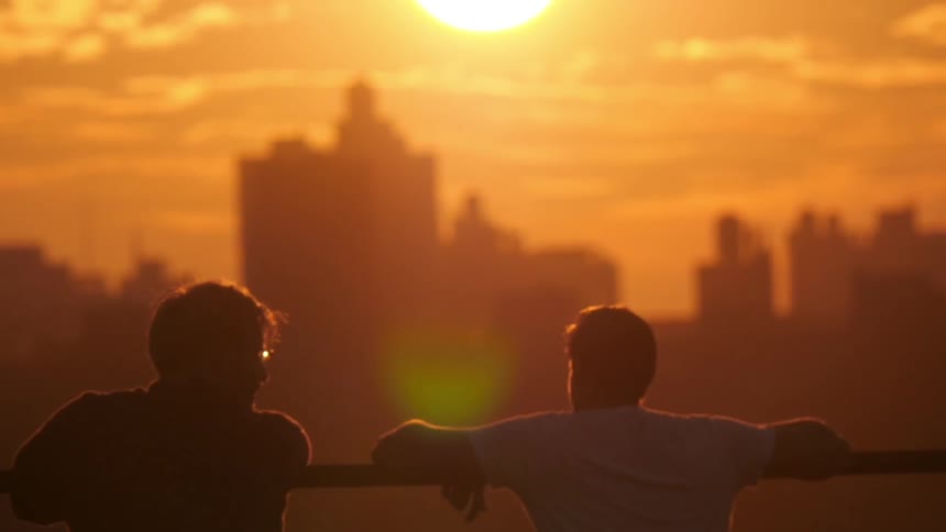 Two men looking at a city while leaning on a rail