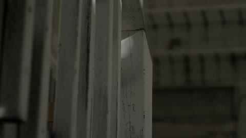 A view of wood supports painted white and the ceiling structure